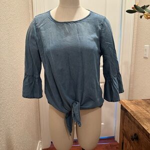 John Mark Denim Blue Tie-Front Blouse